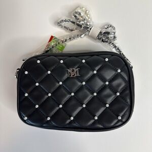 Badgley Mischka Black Quilted Crossbody Bag with Pearl Details